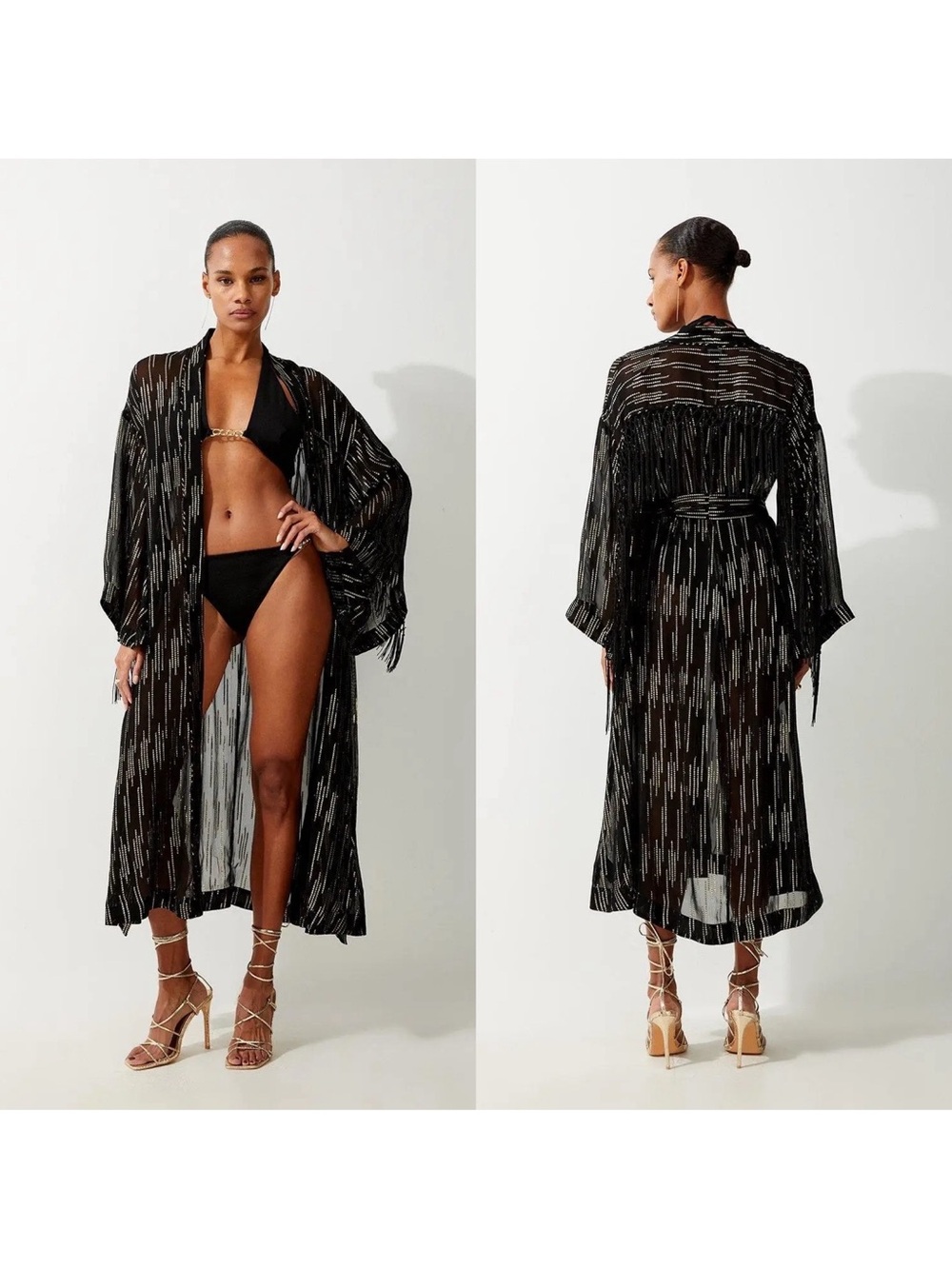 NEW Karen Millen Fringed Metallic Viscose Georgette Woven Kimono Size Large (L)